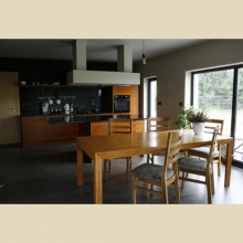 Kitchen with island and dining room